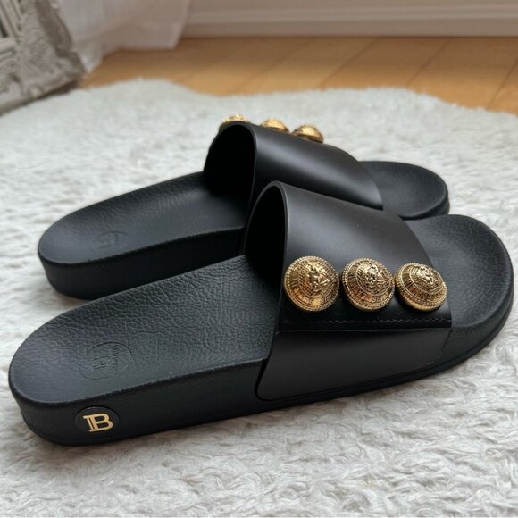 New in Box Balmain Symi Slided Leather Button Shoes Sandals Smooth Black Gold - Picture 11 of 15